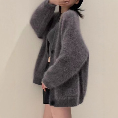 2025高级新品仿貂绒开衫女宽松针织毛绒绒软糯秋冬季加厚毛衣外套
