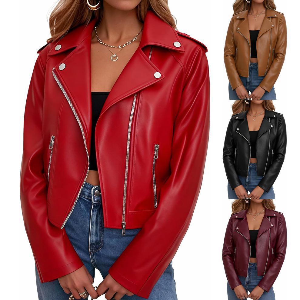 2026 European and American Cross-Border Amazon Women's Motorcycle Leather Jacket with Lapel, Short Pu Jacket, Biker Style, Retro