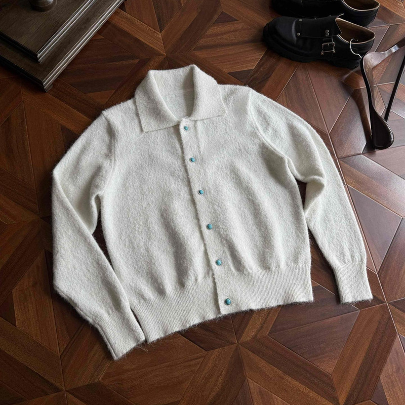 White turquoise cardigan for men, autumn boxy old money style, collared knit sweater, American cleanfit jacket