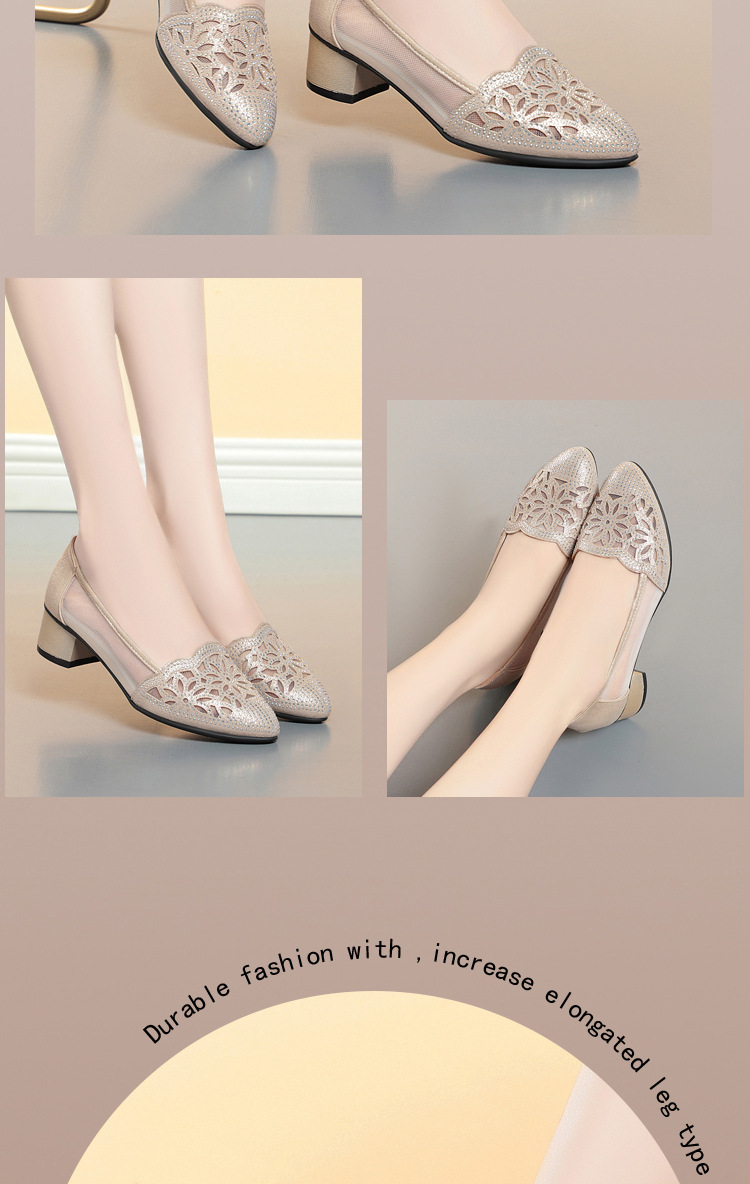 Sandal nữ da thật đế mềm lưới rỗng gót giữa dày mũi nhọn — màu be chi tiết 11