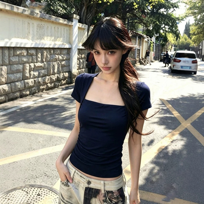 Navy Blue Sleeveless Square-Neck Short-Sleeve T-Shirt for Women, Summer Niche Style, Slim Fit, Flattering, Trendy, Versatile, Regular Shoulder Top