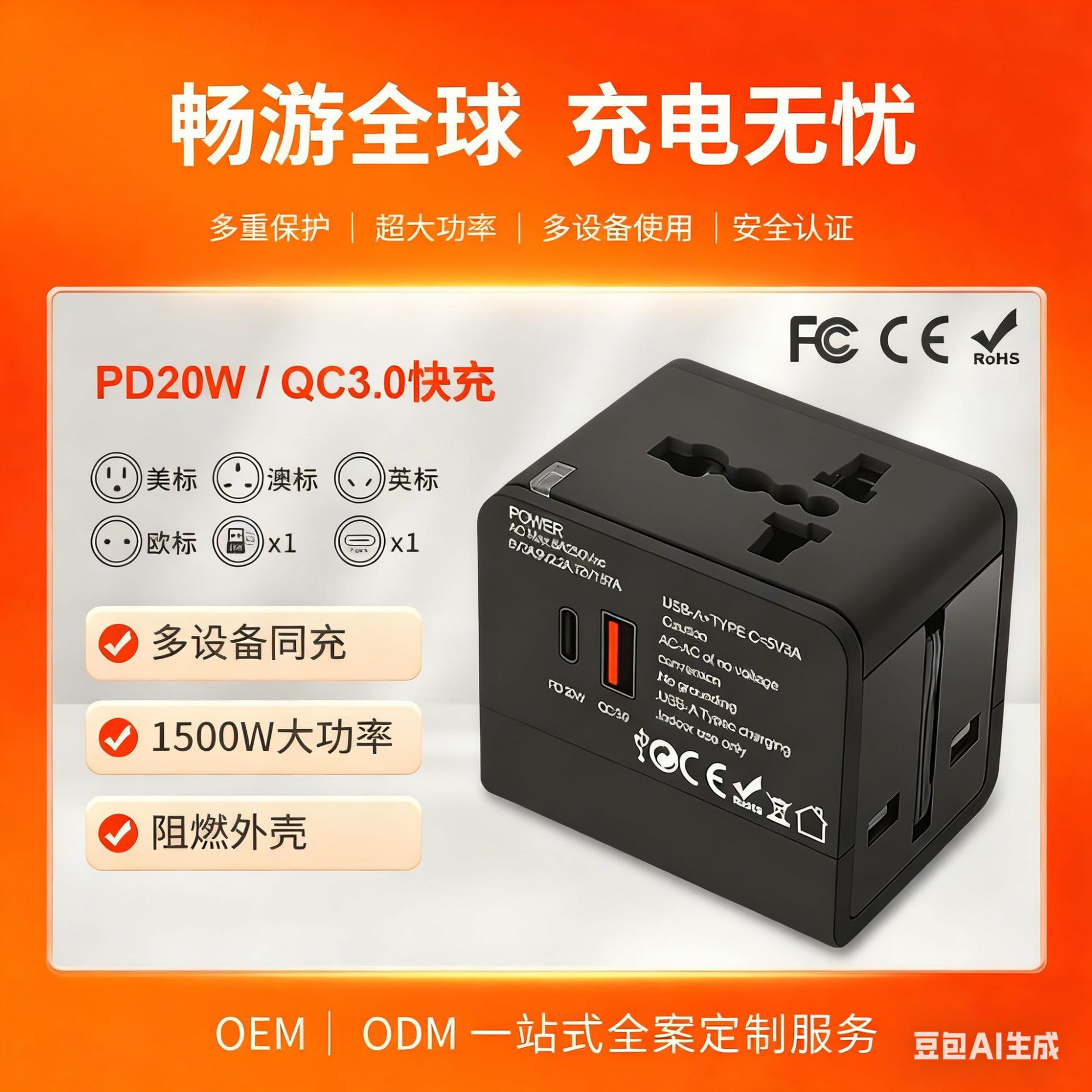 全球通多功能转换插座 全球通转换插座2.1A双usb旅游转换插座转换