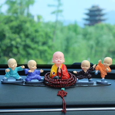 Car ornaments — Little Monk Car Shaking Head - yellow-clothes-xiaozhumi-buddhist-beads-kung-fu-monk-large-leopard-mat