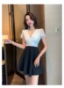 Slim fitting lace patchwork deep V hem dress