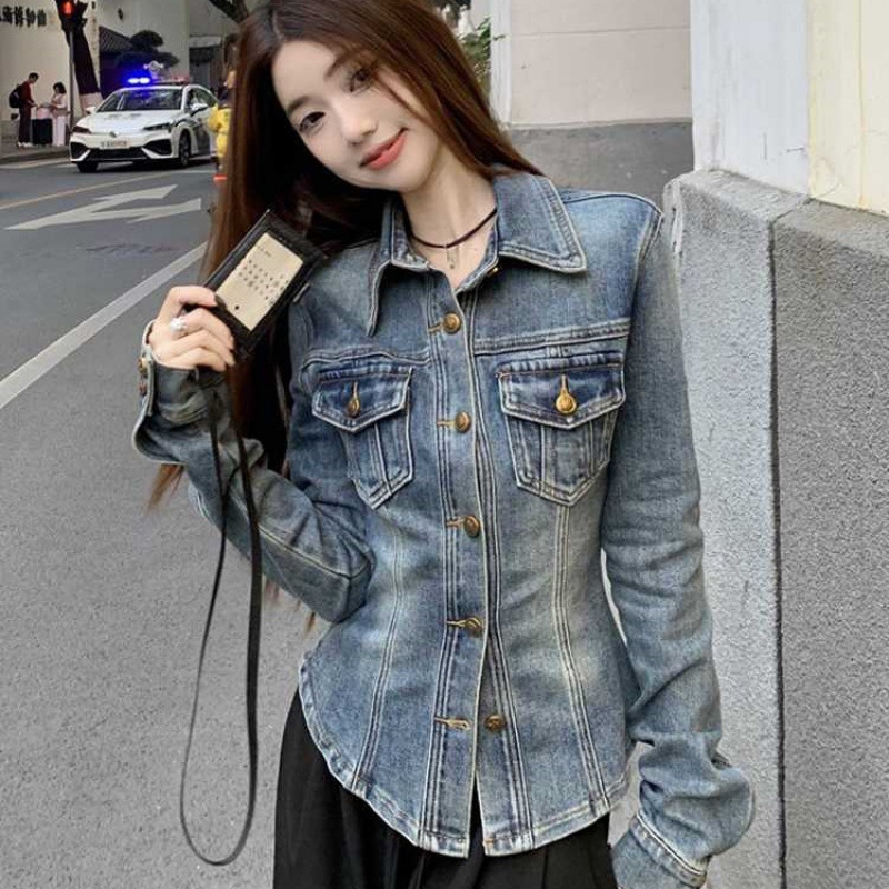 美式复古蓝色牛仔衬衫外套女早春秋季高级感修身收腰百搭短款上衣|undefined