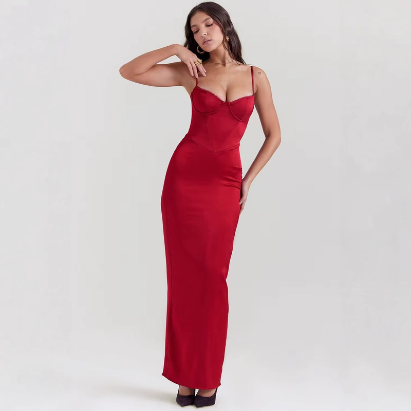 2025 Cross-Border European and American New Women's Clothing Tube Top Slim Sexy Elegant Slim Mid-Length Suspender Dress