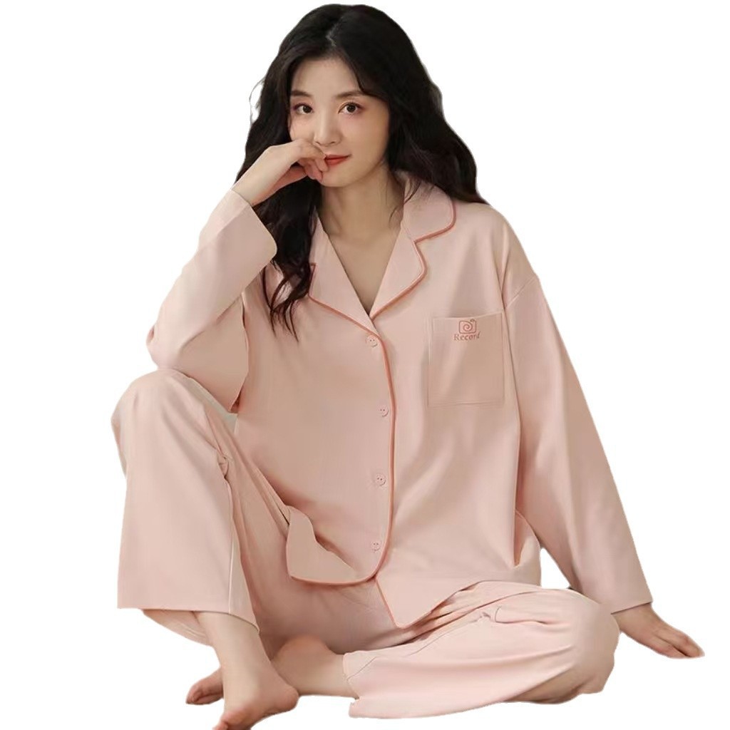 Primavera y otoño pijamas pantalones de algodón primavera y otoño mangas largas largas sueltas de tamaño grande se puede usar para el hogar conjunto de cojín de pecho