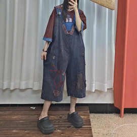 老布拼贴炒色做旧直筒背带裤女2025夏季文艺复古宽松个性七分裤