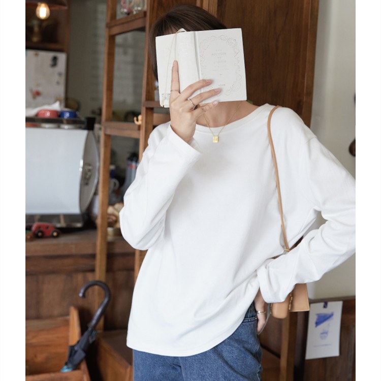 260克重磅新疆长绒棉宽松直口长袖二本针春秋百搭纯色打底衫女