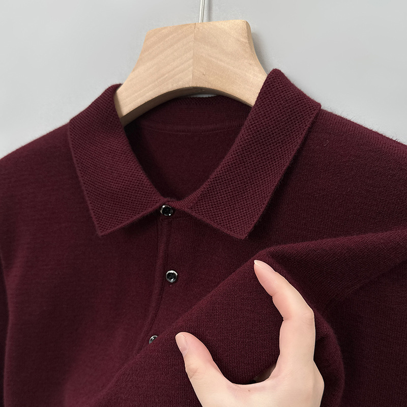 秋冬装新款纯羊毛衫男士翻领纯色针织打底毛衣中年爸爸装