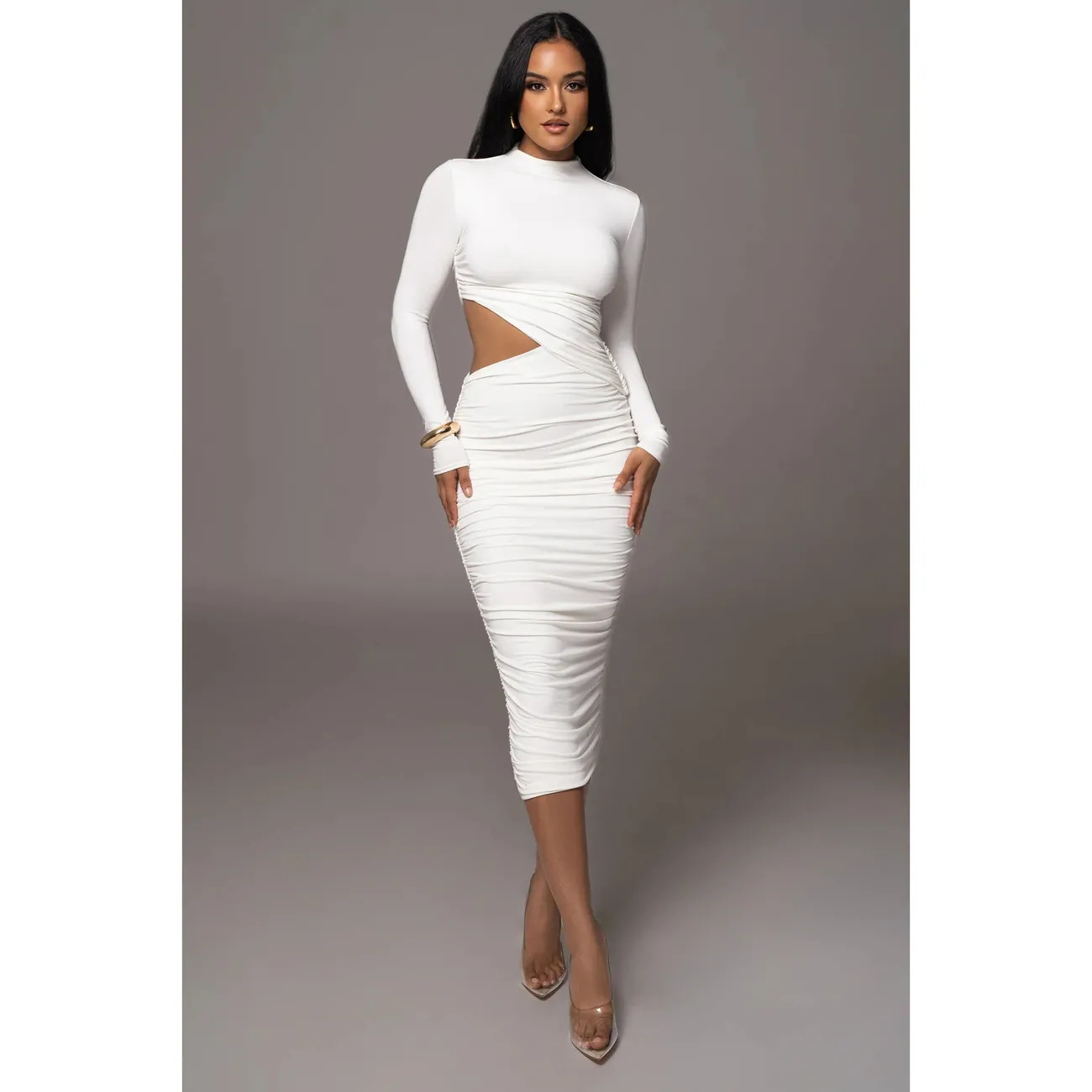 European and American Style Mature Fashion 2026 Autumn New Fashion Sexy Slim-Fit Ruched Solid Color Bodycon Dress for Women