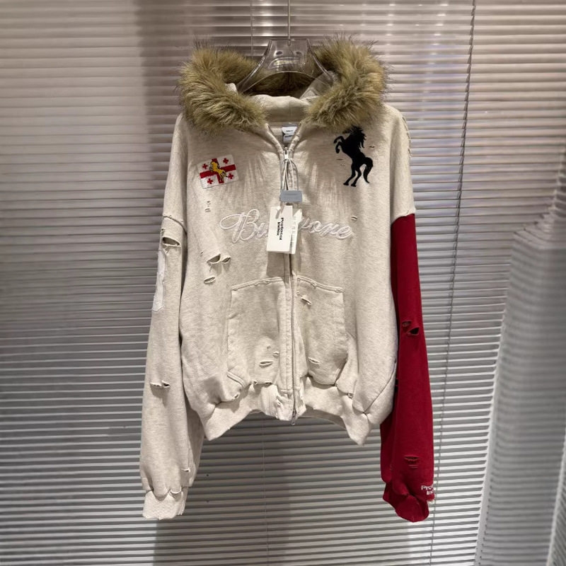 Protocol Index Fw25 Color-Blocked Vintage Washed Distressed Fur Collar Hooded Sweatshirt Jacket Protocol Index Fw25 Color-Blocked Vintage Washed Distressed Fur Collar Hooded Sweatshirt Jacket