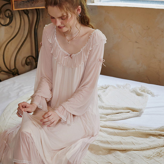 Fairy style women's modal long-sleeved mesh nightdress loose one-piece dress girl pajamas comfortable homewear