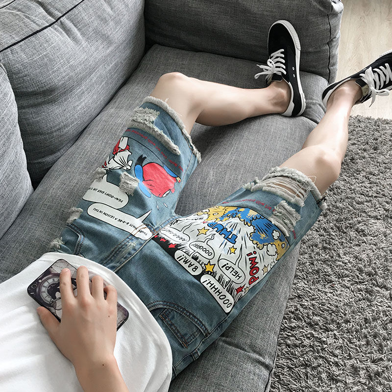 Summer pants men's loose ripped jeans me...