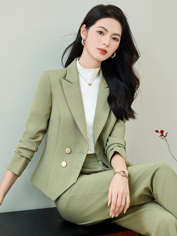 时尚双排扣西服职业套装两件套裤秋冬季短小西装外套女主持人正装|undefined