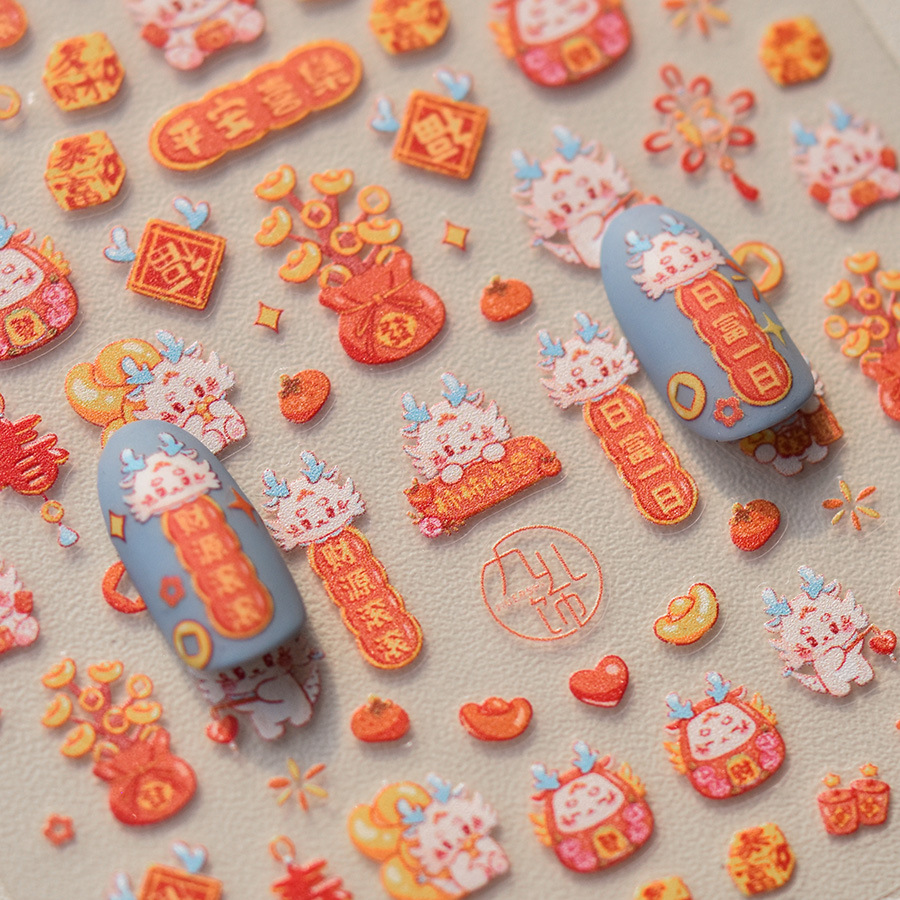 Tomoni fino resistente uñas pegatinas populares vintage uñas pegatinas fábrica al por mayor japonés suerte poco leche dragón 3456