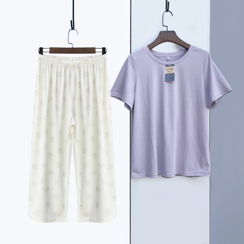 Summer Women's Home Wear Set Round Neck Short-Sleeved Cropped Pants Loose Large Version Pajamas Cotton Mixed Thin Style