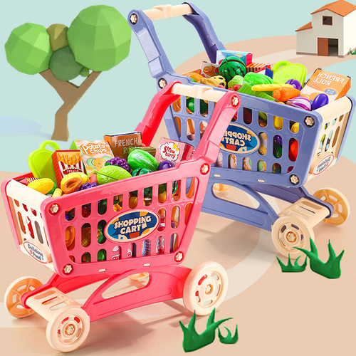 Play house children's shopping cart toy kitchen cutting vegetable set small trolley cutting fruit for boys and girls