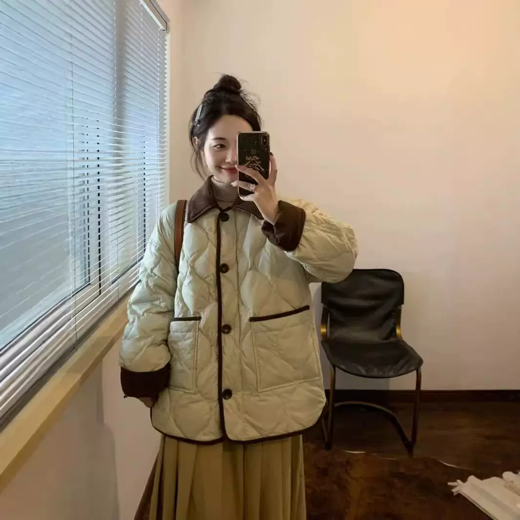 2025新款棉服女韩系短款撞色潮设计翻领撞色菱格冬季外套轻薄显瘦