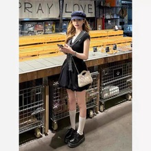 小个子巨好看黑色假两件连衣裙子女夏韩系学院风收腰a字花苞短裙