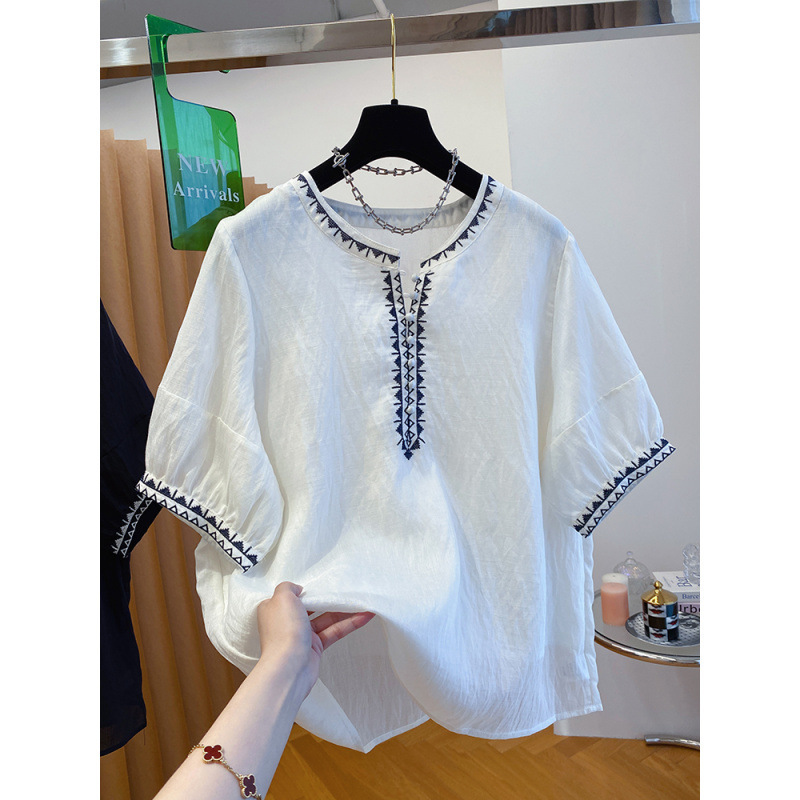 ボヘミアンエスニックスタイル刺繍シャツレディース半袖ルーズ薄手ラウンドネックシャツテンセルベビードールシャツトップ夏|undefined