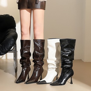 858-12 long boots, women's pleated pile boots, thin heels, high heels, iron toe fashion boots, wide boots, high boo
