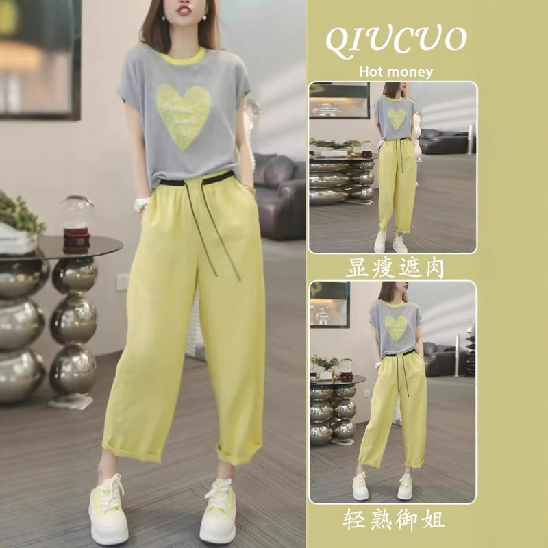 2025 New Summer Women's Casual Fashionable Suit Loose Age-Reducing Short-Sleeved T-Shirt Yellow Wide-Leg Pants Two-Piece Set 2025 New Summer Women's Casual Fashionable Suit Loose Age-Reducing Short-Sleeved T-Shirt Yellow Wide-Leg Pants Two-Piece Set