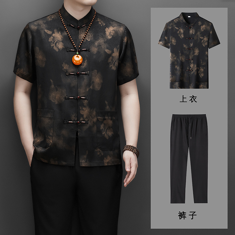 2025 夏中国風香雲糸唐スーツスーツメンズ半袖中高年夏大きいサイズお父さんスーツ服|undefined