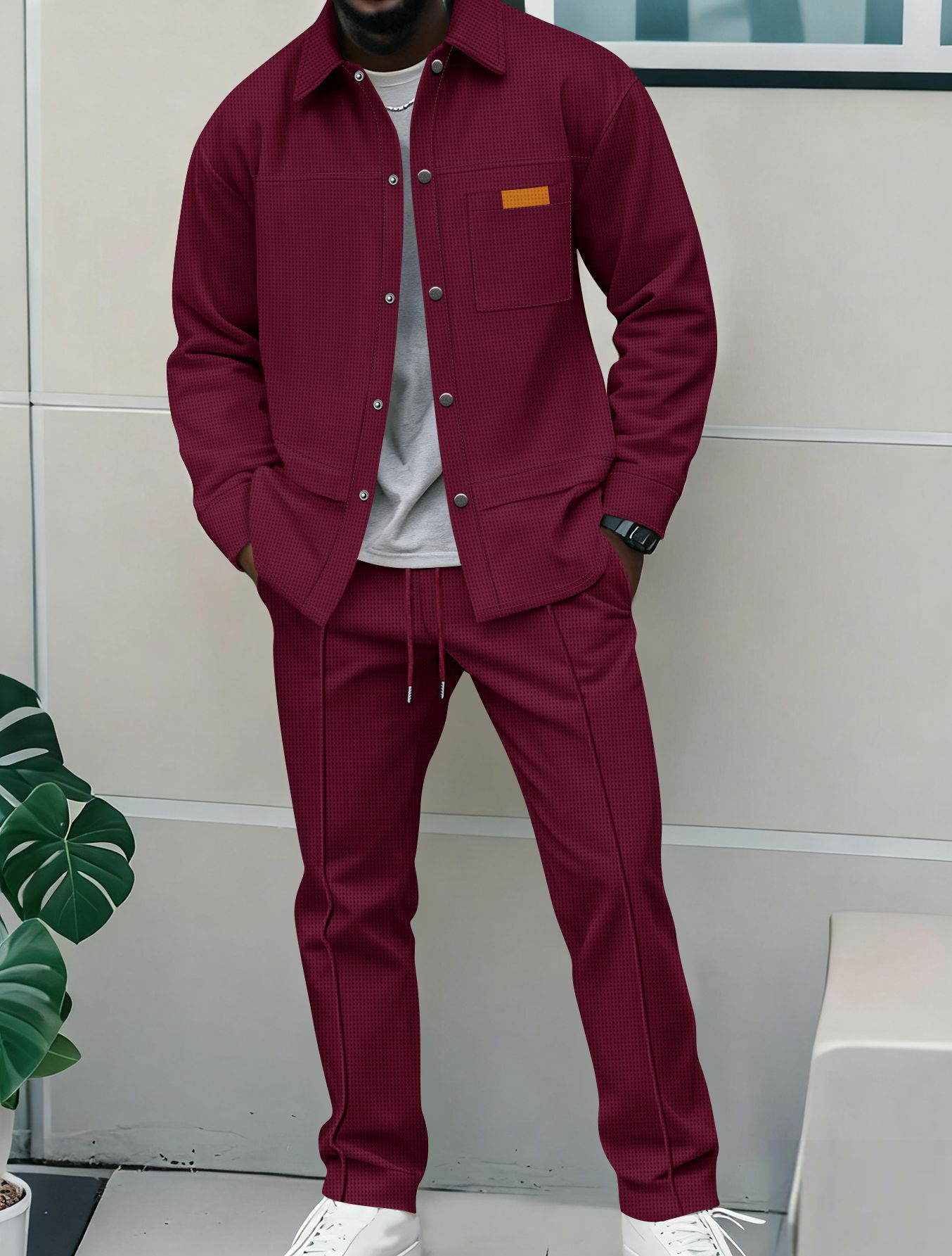 Men's Waffle Pattern Polo Shirt And Trousers Co-ord Set Casual_voghion.com