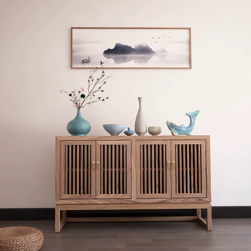 New Chinese Style Ash Wood Sideboard Tea Cabinet Solid Wood Wall Side Cabinet Entrance Cabinet Simple Modern Home Storage Cabinet