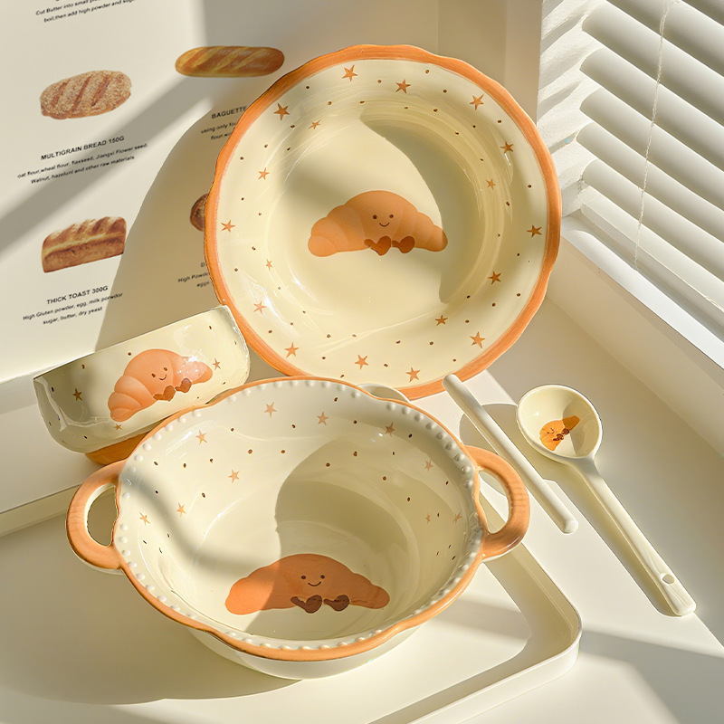 Cute Bread Croissant Ceramic Rice Bowl for Home Use 2025 New Model Single-Serving Tableware Bowl and Plate Set Soup Bowl Plate Cute Bread Croissant Ceramic Rice Bowl for Home Use 2025 New Model Single-Serving Tableware Bowl and Plate Set Soup Bowl Plate
