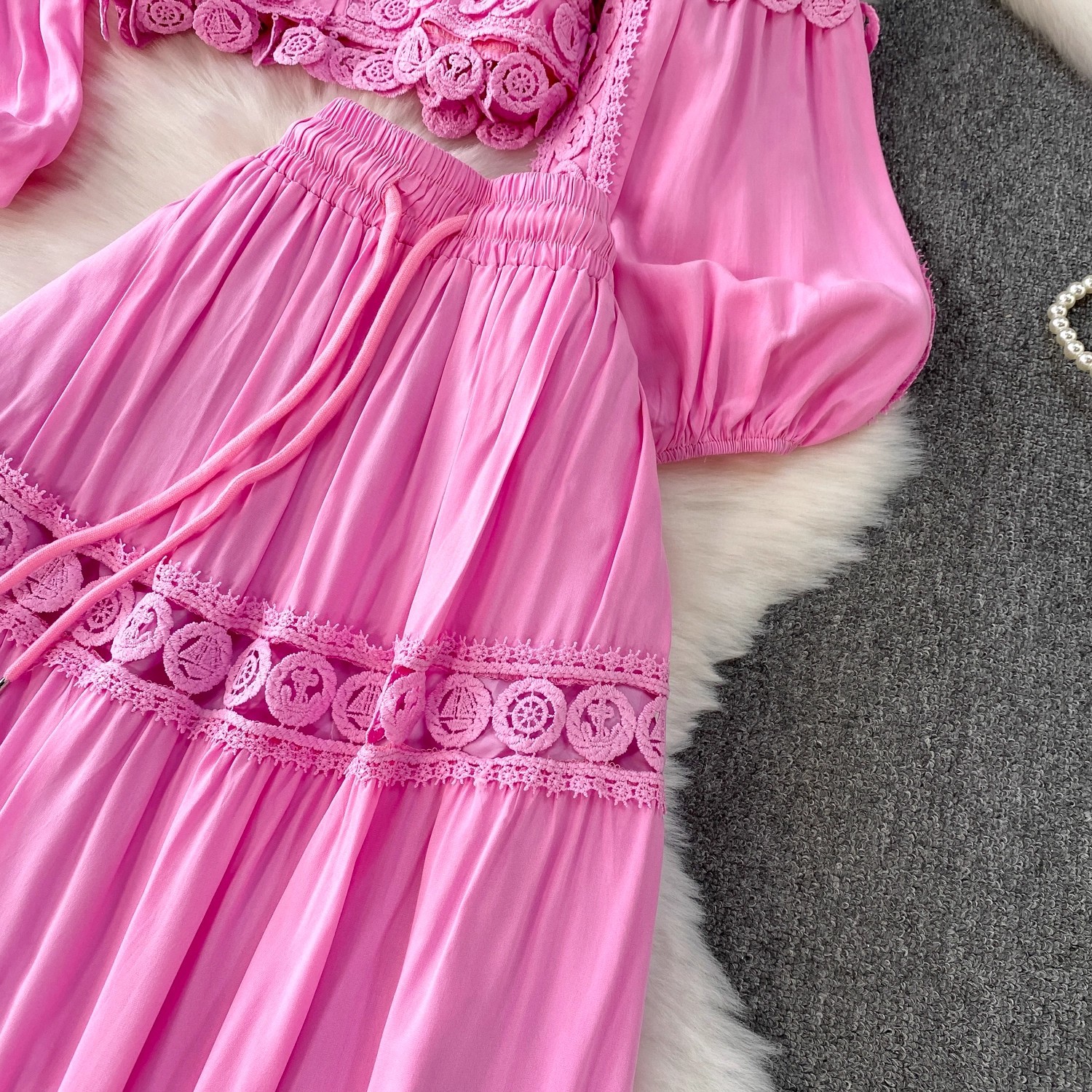Elegantes Damen Zweiteiler Set Rosa Spitzenbluse Mit Rock_voghion.com
