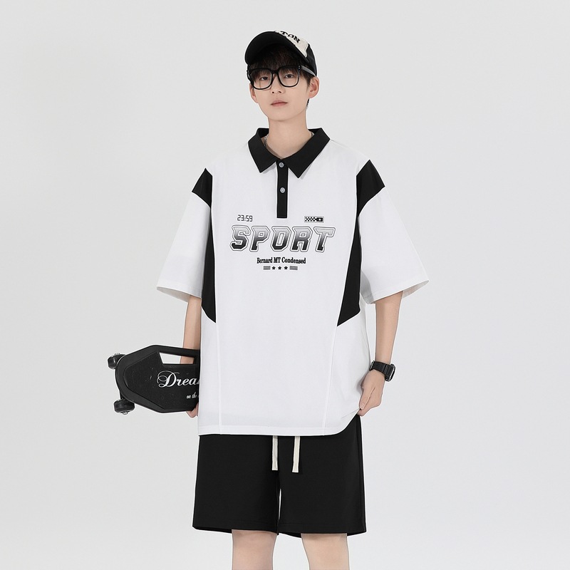 Joven hombre 2025 verano polo solapa suelta traje de manga corta marca de moda deportes de gran tamaño traje de dos piezas