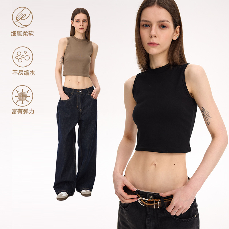 Unf 220g Lycra Cotton Slim Outer Sleeveless Round Neck Vest Short Pure Color Sexy T-Shirt Women's Spring and Summer New Style