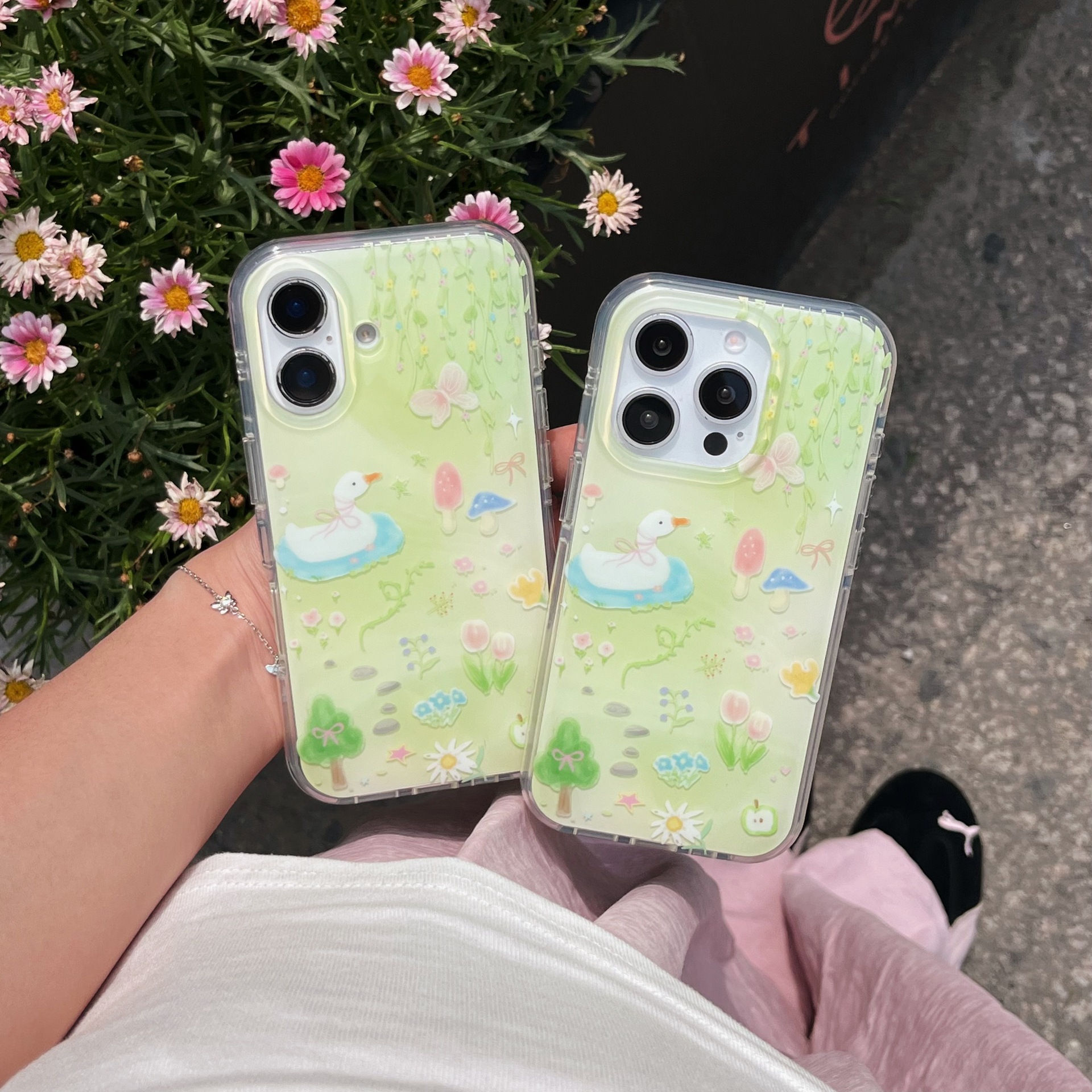 Primavera pintura al óleo flor pato para Apple 16pm funda para teléfono móvil iphone14 fresco 15ProMax nuevo 13