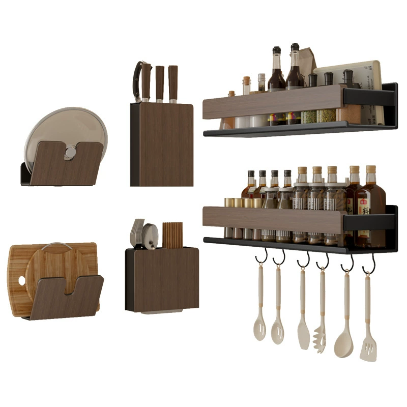 Walnut kitchen hook hole-free hanging rod pot spoon shovel hanger multi-function wall-mounted storage rack
