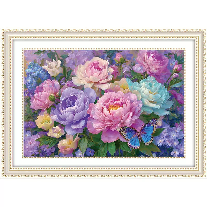 十字绣幻彩花蝶不干胶 客厅背景挂饰幻彩花蝶牡丹花十字绣自己绣