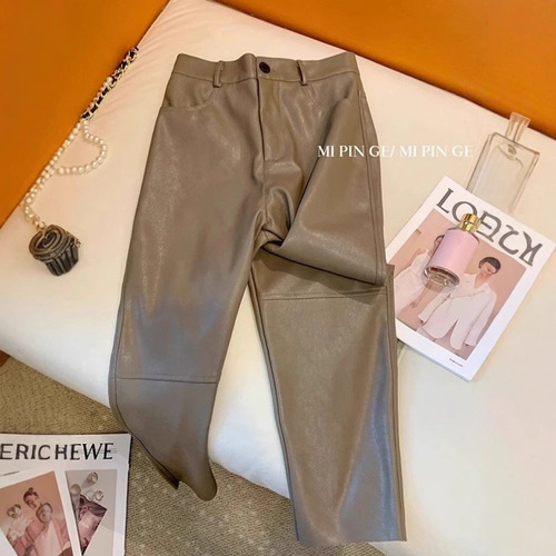 Women's 2025 High-Waisted Straight Brown PU Leather Pants, Small Figure 9/10 Length, Suitable for Spring and Autumn Outwear