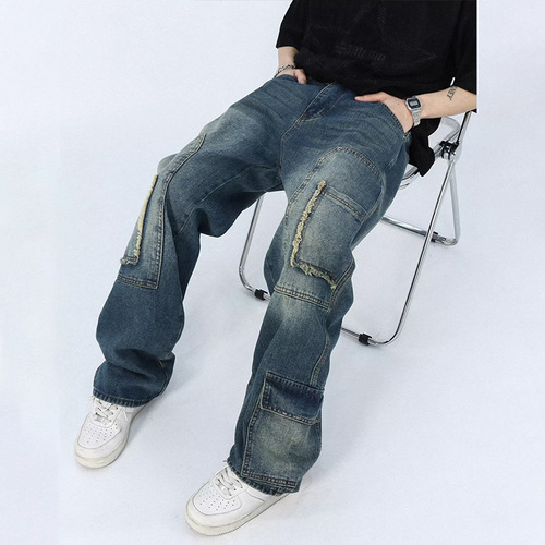 2025 Autumn/Winter New American Retro Loose Distressed Straight Leg Wide Leg Floor-Length Casual Pants for Men