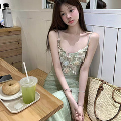 适美2025夏季度假风立体花朵吊带连衣裙女别致减龄收腰鱼尾裙长裙