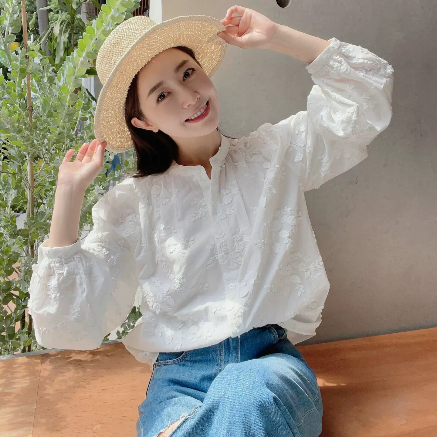 OS25春夏新款立领系扣女式衬衫法式立体花朵刺绣上衣PA0954744018