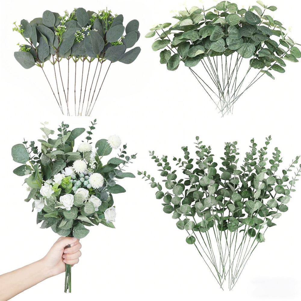 60 hojas de simulación de eucalyptus verde diseño de boda accesorios de boda hojas de decoración artificial bosque transfronterizo ramo de flores