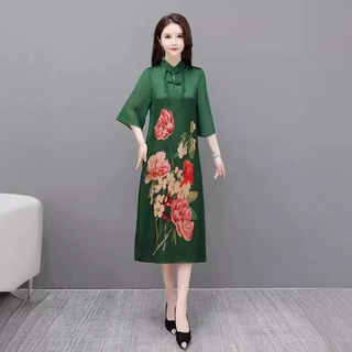 夏季连衣裙高档新款修身国风遮肚妈妈中年长款真丝气质旗袍裙子