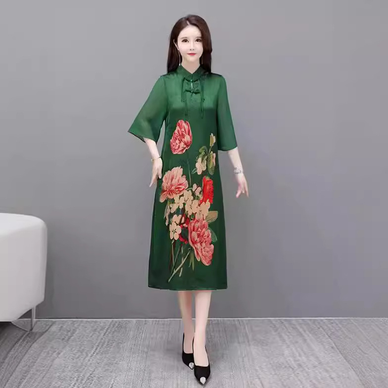 夏季连衣裙高档新款修身国风遮肚妈妈中年长款真丝气质旗袍裙子