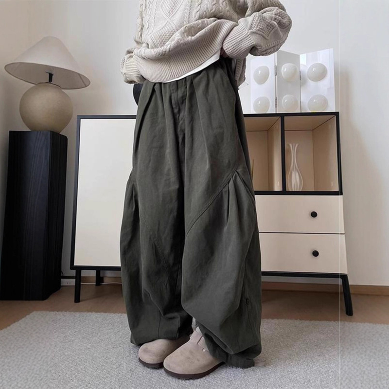 Japanese Retro Pure Cotton Loose Pleated Drape Wide-Leg Pants Unisex Trendy Casual Solid Color Elastic Waist Cargo Long Pants