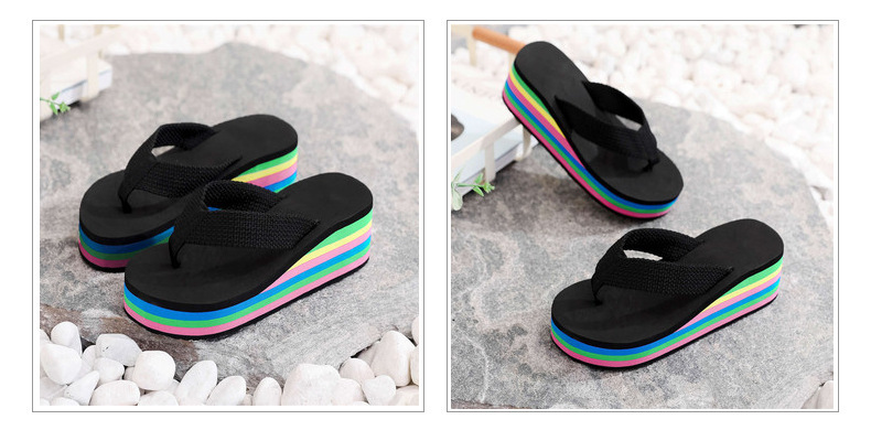 Women's Rainbow Striped Platform Flip Flops Wedge Beach Shoes_voghion.com