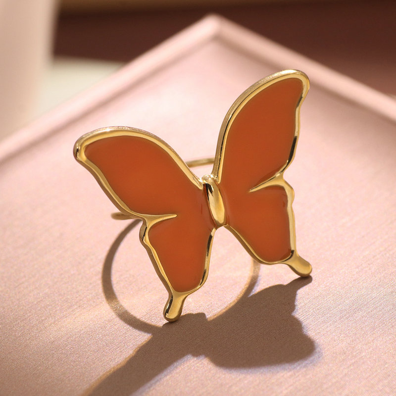 304 Stainless Steel 18K Gold Plated Cute Lady Enamel Plating Butterfly Open Rings display picture 5