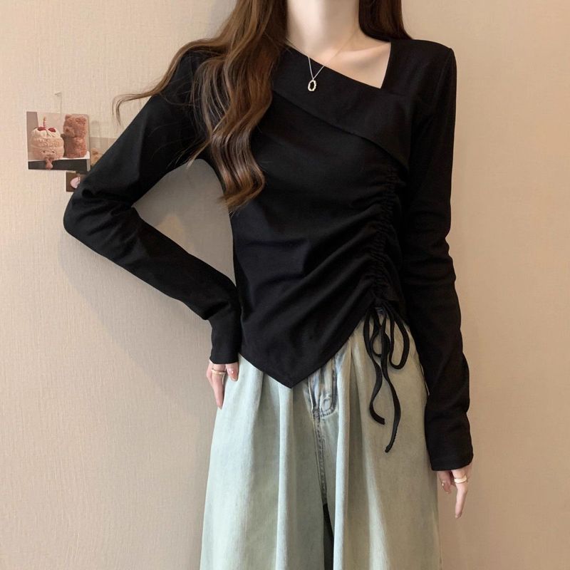 特大码300斤不规则长袖t恤女春秋新款抽绳打底衫胖mm显瘦内搭上衣|undefined