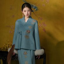 秋冬新中式刺绣毛呢套装女国风盘扣狐狸毛袖口中式外套半裙 NY003