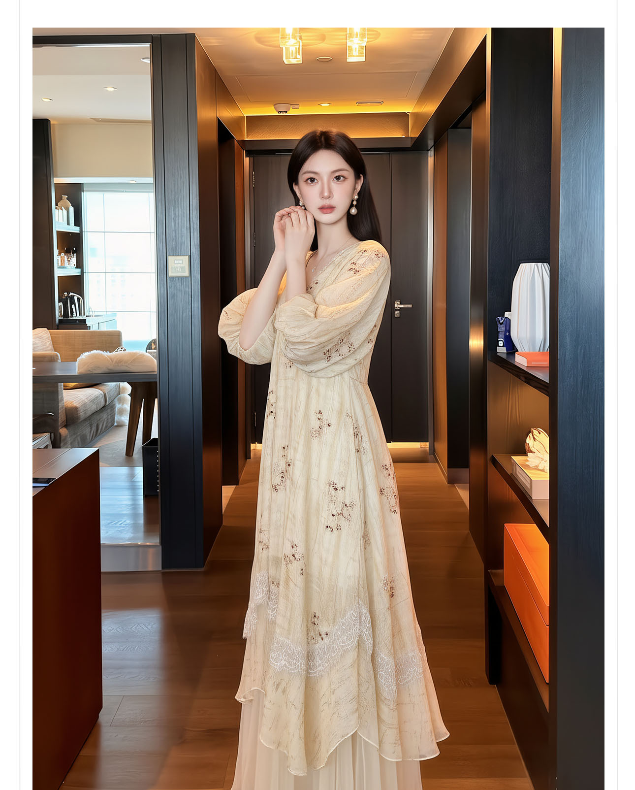 Đầm maxi nữ thắt eo phong cách Tân Trung Hoa, tay ngắn, cổ viền ren, thêu hoa tinh tế — màu trắng ngà chi tiết 11